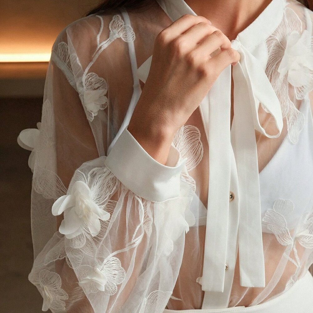 White Sexy Women's See-Through Embroidered Shirt - Picture 2 of 7